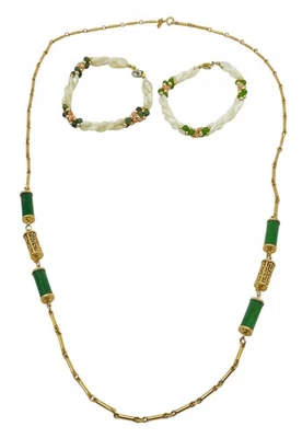 VINTAGE Signed 1960’s JADE MOP Pink Coral BEAD NECKLACE Bracelet Set 32” Long - Image 1 of 4
