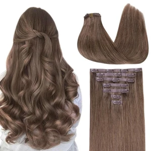 Extensiones de cabello con clip GOOGOO Remy cabello humano 20 pulgadas 150 g 7 piezas marrón ceniza claro - Imagen 1 de 11