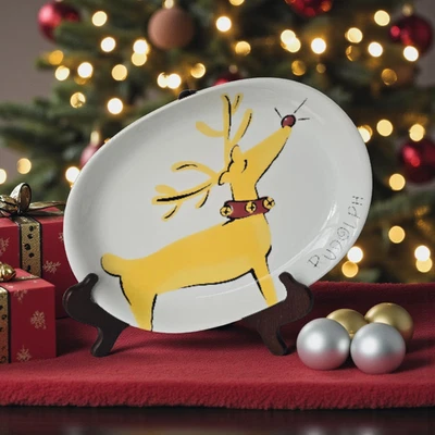 Plato ovalado Pottery Barn 14" Rudolph the Reindeer  Foto 1 de 4