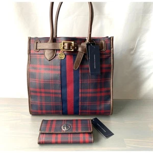 VTG Y2K Tommy Hilfiger North South Tote Wallet Set Navy Red Nautical Plaid NWT - Picture 1 of 16