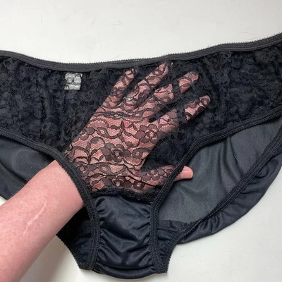 Vintage Sheer Black Floral Lace Panties, 1970s Lace Front Bikini Panty Sz L-XL - Image 1 of 4