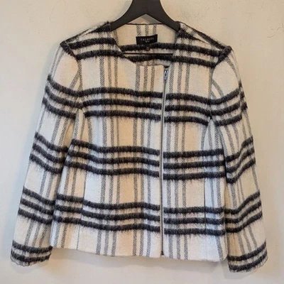 Chaqueta de moto Talbots para mujer negra crema a cuadros de lana cremallera completa 16 Petite Foto 1 de 4