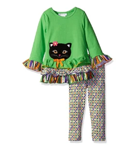 Bonnie Jean Baby Girls  Black CAT Applique Halloween Green Leggings Set Outfit - Picture 1 of 10