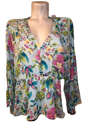 NEW YORK & COMPANY Top Size M Blue Floral Kimono Sleeve Blouse Fairy BOHO NWT - Image 1 of 4
