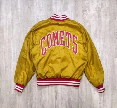 Vintage 80s Gem Sportswear Comets 1/2 Zip Satin Bomber Pullover Jacket XL Gold - Image 1 of 4