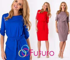 Women's Shift Dress With Belt Boat Neck 3/4 Sleeve Tunic Sizes 8-18 8986 - Picture 1 of 23