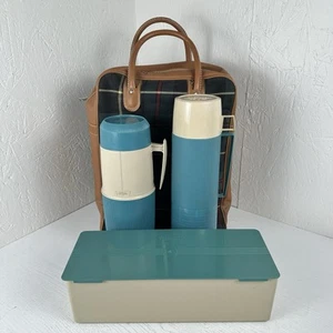 Vintage Thermoskanne Picknick Set Glas gefüttert Warm Kalt Thermoskanne blau mit Karo Tragetasche - Bild 1 von 20