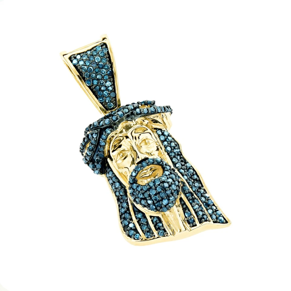 Colgante Mini Diamante Cabeza de Jesús Oro Sólido 10K 1/2 quilate Diamantes Azules para Hombre Foto 1 de 4