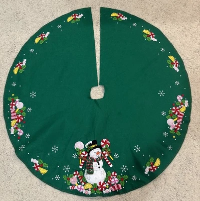 Bucilla Felt Applique Christmas Tree Skirt Candy Snowman 86307 Finished Complete - Image 1 of 4