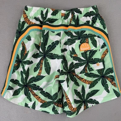 SUNDEK Swim Shorts Size M Rainbow Palm Print Iconic Rainbow Stripe Trunks 7" - Image 1 of 4