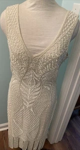 Unique Vintage Sz S Ivory Sequin Beaded 1920's Style V-Neck Sleeveless Dress - Picture 1 of 24