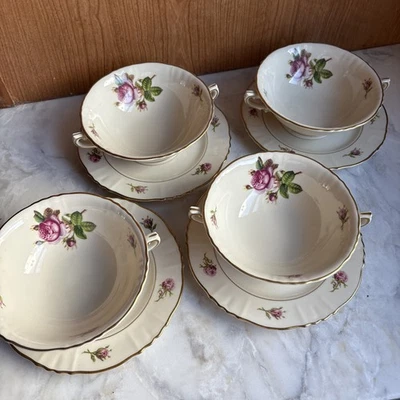 (4) Vtg Federal  Shape Syracuse China “Victoria” Footed Soup Bowl & Saucer Set - Image 1 of 4