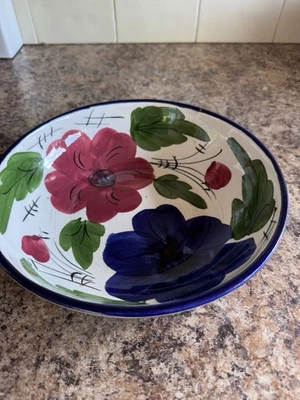 Vintage Hand Painted Spanish Ceramic Bowl.  Blue Green With Red Flower Pattern - Image 1 of 3
