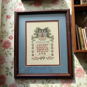 Completed Cross Stitch Sampler Framed Alphabet Hearts 15” X 12 3/4” - Picture 1 of 3