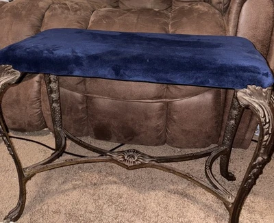 Vintage Art Nouveau Bench Cast Iron Legs Velvet Seat Center Support Claw Feet - Image 1 of 4