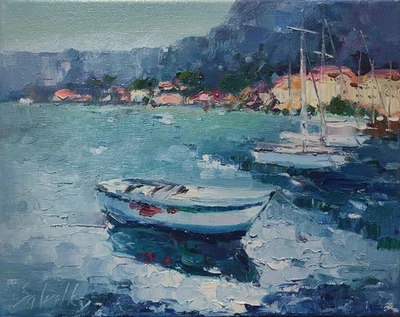 Оригинальная картина маслом 10 x 8 дюймов импрссионизм, море, лодки, голубая вода, срединистский - Изображение 1 из 4