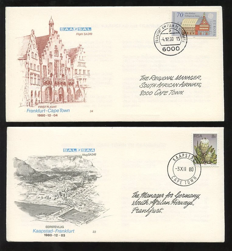 SUDÁFRICA 1980 1er VUELO CIUDAD DEL CABO FRANKFURT SALIDA + DEVOLUCIÓN 2 ILUSTRACIONES. CUBIERTAS L1 Foto 1 de 1