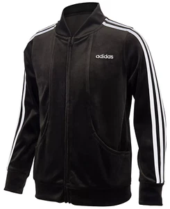 Adidas Girl's Bomber Jacket Size 5 Black Velour Zip Front Tricot Stripe - Picture 1 of 6