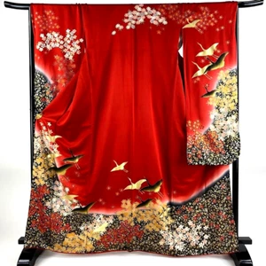 Japanese kimono SILK"FURISODE" Flying Crane, Plants,the Gld/Sil leaf,L5'5"..4326 - Picture 1 of 8