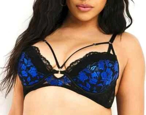 Ann Summers Celina Everlasting Plunge Bra Embroidered Sexy Lingerie Black Blue - Picture 1 of 5