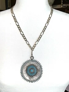 Turquoise Cabochon Pendant 21" Figaro Chain Florenta of CA Vintage Silver 925 - Picture 1 of 5