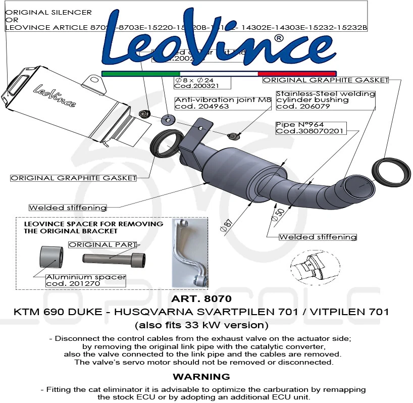 8070 COLLETTORE ELIMINA CATALIZZATORE LEOVINCE KTM 690 DUKE/R 2017 - Immagine 1 di 1