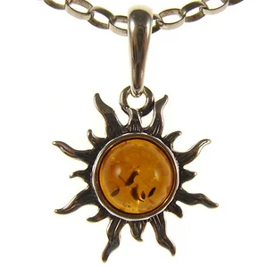 GIFT BOXED BALTIC AMBER STERLING SILVER 925 SUN PENDANT NECKLACE CHAIN JEWELLERY - Picture 1 of 1