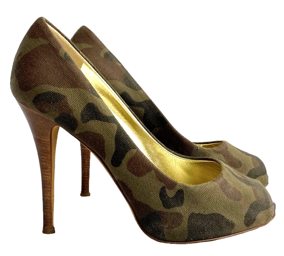 GIUSEPPE ZANOTTI Camuflaje Verde Marrón Tela Peep Toe Tacones de Madera, Talla 39 Foto 1 de 4