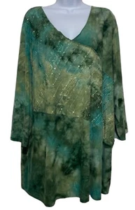 Catherines Blouse Women Size 4X Blue Green Watercolor Print Sequins Embroidery - Picture 1 of 7