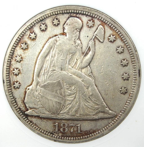 1871 Seated Liberty Silver Dollar $1 Coin. Certified ANACS AU Detail - Rare Coin Cover