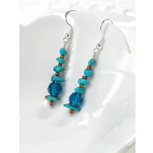 New Turquoise Stone Beaded Earrings S925 Blue Glass Southwestern Handmade 2" - Picture 1 of 9