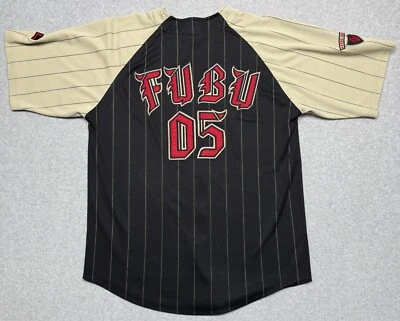 Vintage FUBU Baseball Jersey Mens Large Black Beige Stripe 05 Button Shirt Y2K - Image 1 of 4