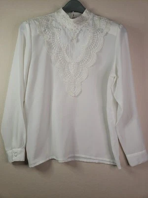 Blusa vintage Kathy Che para mujer talla 14 blanca perla con cuentas lentejuelas pliegues de encaje Foto 1 de 4