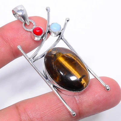 Pingente de joia folheado a prata natural olho de tigre amarelo e vários 2,34" P359 - Imagem 1 de 3