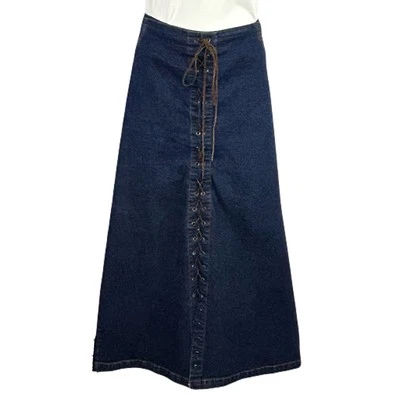 Vintage Starwear Women Denim Maxi Skirt Sz 20 Zip Lace Up  Country Festival Boho - Image 1 of 4