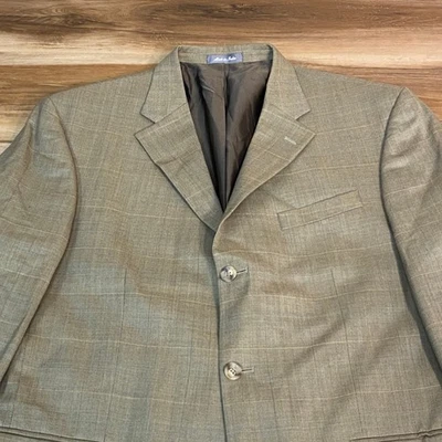 Oscar de la Renta 运动外套男式 44R 米色格伦格子羊毛西装外套 3 按钮 — 第 1/4 张图片