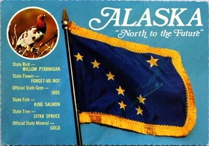 State Flag Bird Flower Gem Fish Tree Mineral Alaska Postcard - Bild 1 von 2