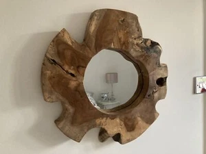 40cm Real Tree Slice Wooden Wall Mirror - Funky Retro Design - Wood Teak Root - Picture 1 of 6