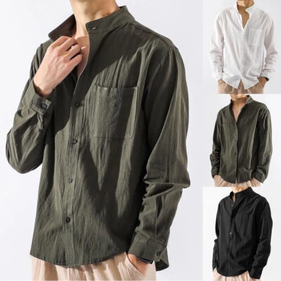 Men Cotton Linen Shirts Loose Long Sleeve Blouse Breathable Casual Button Tops  - Image 1 of 4