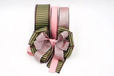 Valentines Day Sale 1.5+3/8+1/8" Yd Glittery  Fuschia Pink & Green Stripe Ribbon - Image 1 of 4