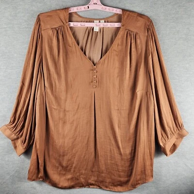 Top Joie Woman Popover Cuello en V Cortina 3X Marrón Dorado Informal Boho Frontal Enganche Menor Foto 1 de 4