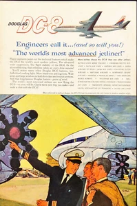 1960 Douglas DC-8 Jetliner Vintage Print Ad Pilot Standing Next to Airliner - Picture 1 of 1