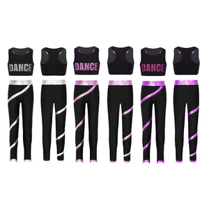 Kids Girls Tracksuit Ballroom Vest And Pants Fitness Crop Top With Trousers - Picture 1 of 36