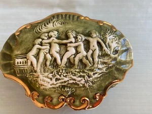 R. Capodimonte Italy Green & Gold Trim Footed Trinket Box Children Playing - Picture 1 of 13