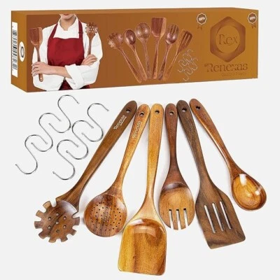 RENEXAS 6 Pcs Teak Wooden Spoons for Cooking Kitchen Utensils Wood Spatulas with Hooks
