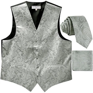 New Men's Formal Vest Tuxedo Waistcoat_2.5" necktie set paisley wedding Silver - Picture 1 of 4