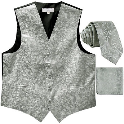 New Men's Formal Vest Tuxedo Waistcoat_2.5" necktie set paisley wedding Silver - Image 1 of 4