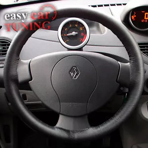 For Renault Twingo II 2007-2013 Black Real Genuine Leather Steering Wheel Cover - Picture 1 of 7