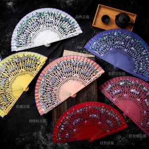 Wood Dancing Fan Spanish Style Woman Folding Hand Held Painted Purple Flower Fan - Picture 1 of 16