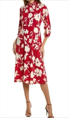 Maggy London Womens Floral Print Midi Dress 18 Red Ivory Long Sleeve Mock Neck - Image 1 of 4